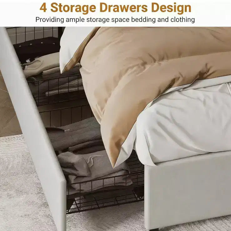 Struttura Letto Matrimoniale Piattaforma con 4 Cassetti Contenitore, Rivestita in Tessuto, 450 kg, Grigia