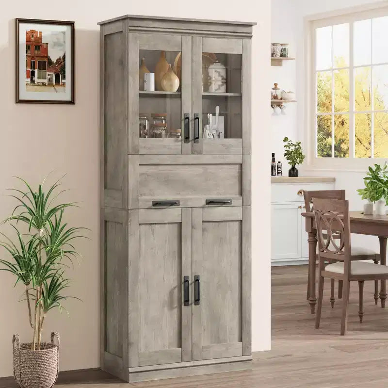 Mobile bagno autoportante alto 170 cm con 4 ante, cassetto con anta a ribalta in vetro e ripiani regolabili
