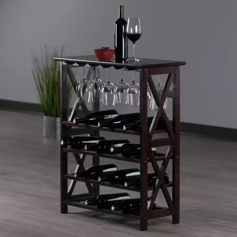 Cantinetta portabottiglie da 24 bottiglie e bar con portabicchiere, legno massello espresso, piano d'appoggio per il servizio