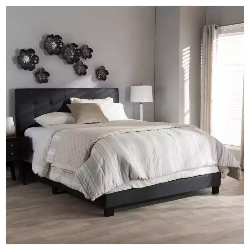 Letto imbottito in tessuto con motivo a griglia trapuntato, matrimoniale/queen size, grigio antracite scuro, gambe in legno di gomma