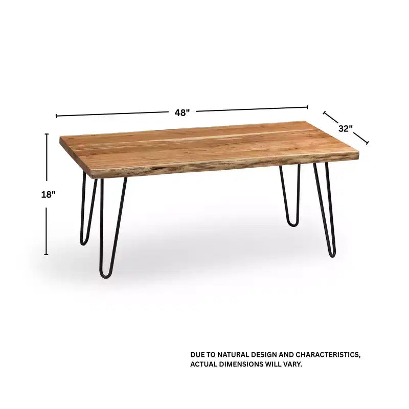Tavolino da Caffè in Legno di Acacia Bordo Vivo con Gambe a Forcina in Metallo, Marrone Naturale, 42"W