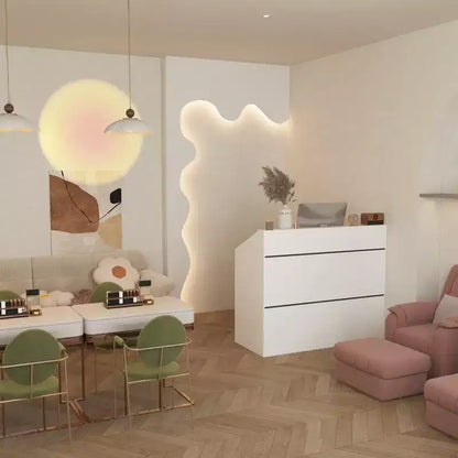 Bancone reception minimalista bianco da 47,2" con vani aperti, dettagli neri, bancone professionale