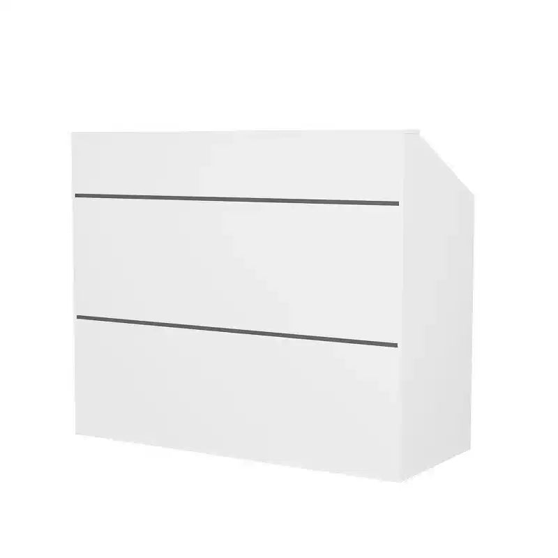 Bancone reception minimalista bianco da 47,2" con vani aperti, dettagli neri, bancone professionale