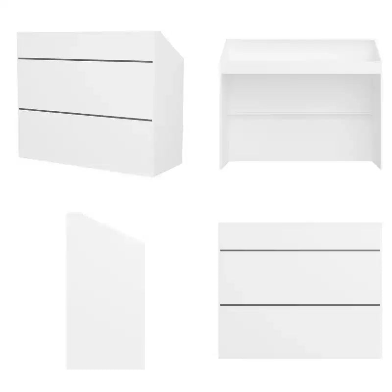 Bancone reception minimalista bianco da 47,2" con vani aperti, dettagli neri, bancone professionale