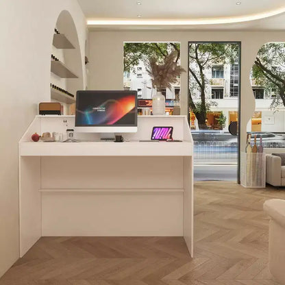Bancone reception minimalista bianco da 47,2" con vani aperti, dettagli neri, bancone professionale