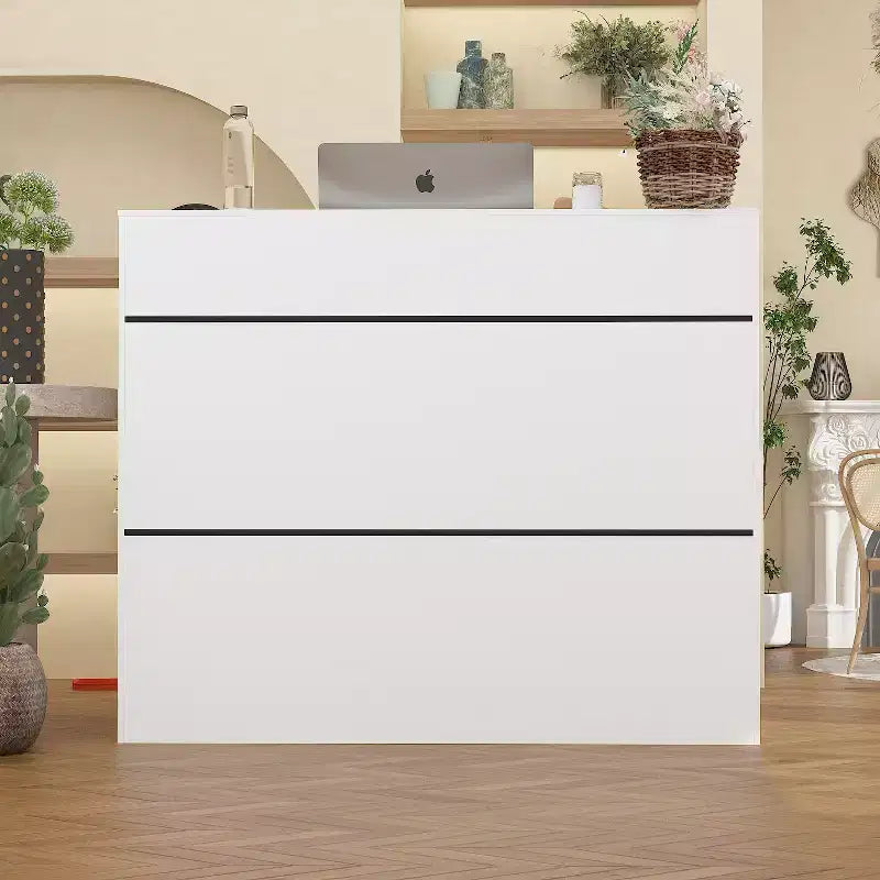 Bancone reception minimalista bianco da 47,2" con vani aperti, dettagli neri, bancone professionale