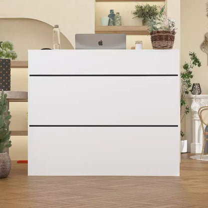 Bancone reception minimalista bianco da 47,2" con vani aperti, dettagli neri, bancone professionale