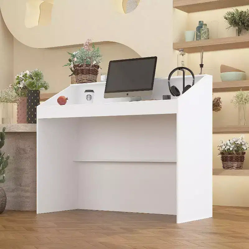 Bancone reception minimalista bianco da 47,2" con vani aperti, dettagli neri, bancone professionale