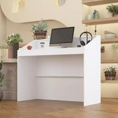 Bancone reception minimalista bianco da 47,2" con vani aperti, dettagli neri, bancone professionale