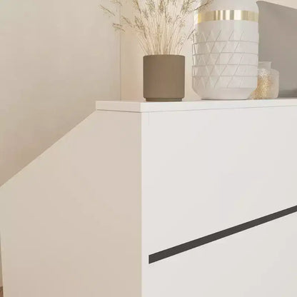 Bancone reception minimalista bianco da 47,2" con vani aperti, dettagli neri, bancone professionale