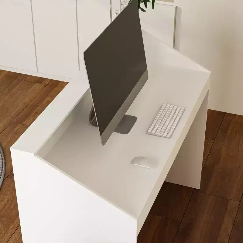 Bancone reception minimalista bianco da 47,2" con vani aperti, dettagli neri, bancone professionale