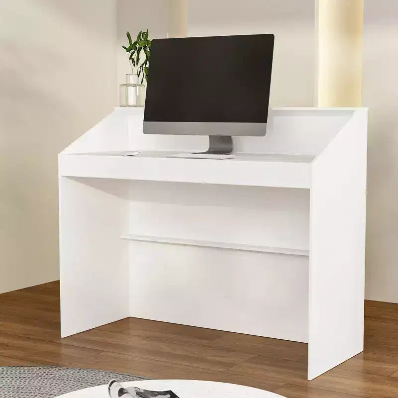 Bancone reception minimalista bianco da 47,2" con vani aperti, dettagli neri, bancone professionale