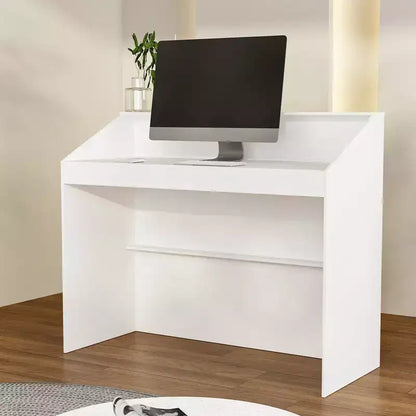Bancone reception minimalista bianco da 47,2" con vani aperti, dettagli neri, bancone professionale