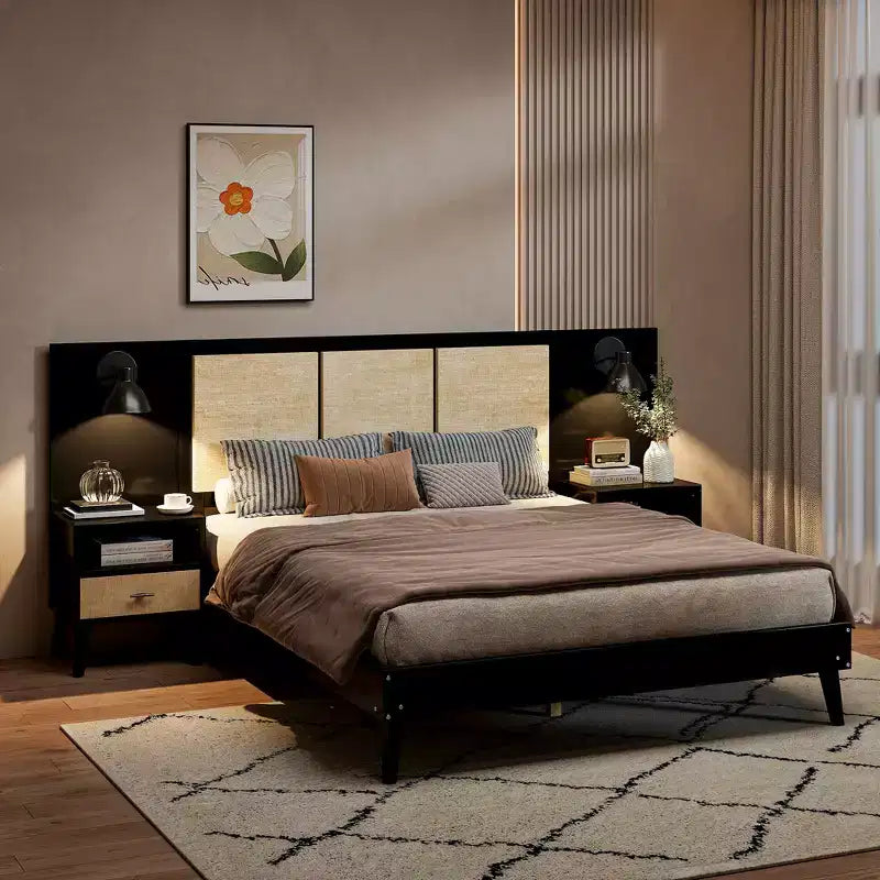 Queen Size Solid Wood Bed Frame with 2 Nightstands, Elegant Rattan and Wood Combination Platform Bed with Lamps - ModernLuxe