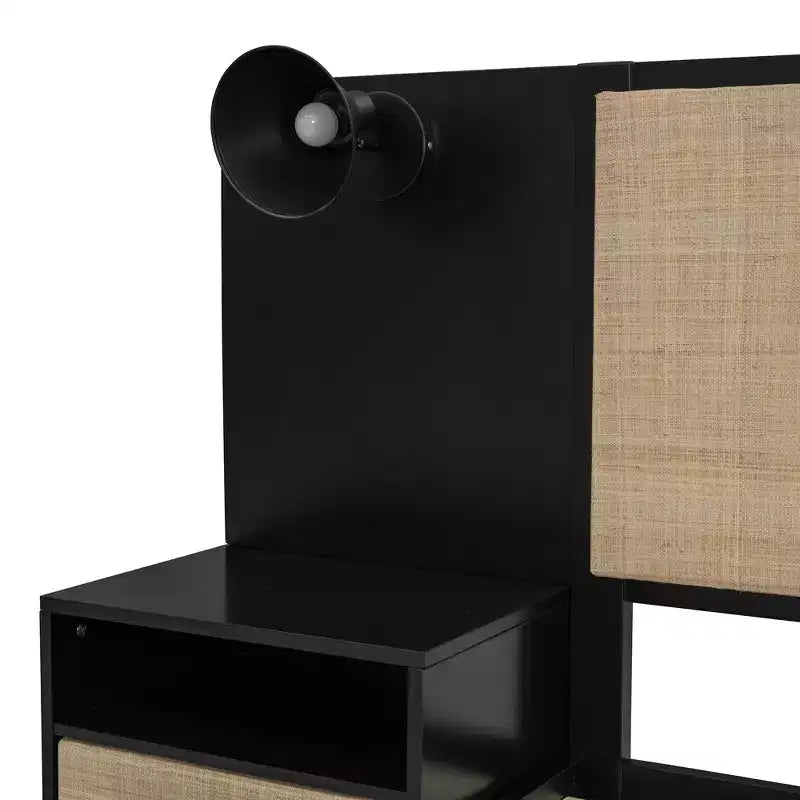 Letto matrimoniale con testiera in rattan, lampade integrate e 2 comodini, legno massiccio