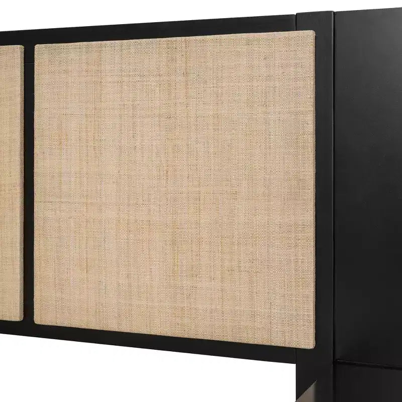 Letto matrimoniale con testiera in rattan, lampade integrate e 2 comodini, legno massiccio