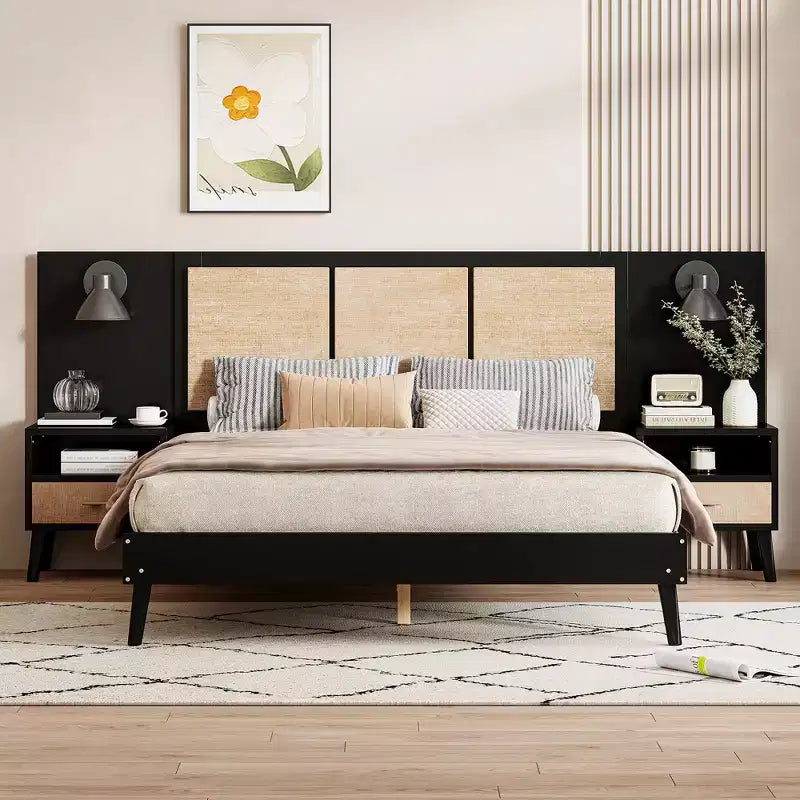 Letto matrimoniale con testiera in rattan, lampade integrate e 2 comodini, legno massiccio