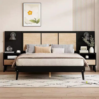 Letto matrimoniale con testiera in rattan, lampade integrate e 2 comodini, legno massiccio