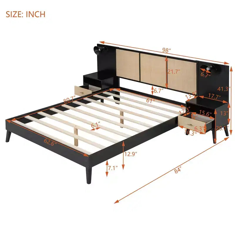 Letto matrimoniale con testiera in rattan, lampade integrate e 2 comodini, legno massiccio
