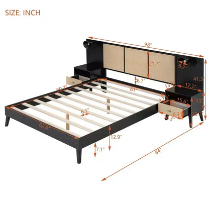 Letto matrimoniale con testiera in rattan, lampade integrate e 2 comodini, legno massiccio