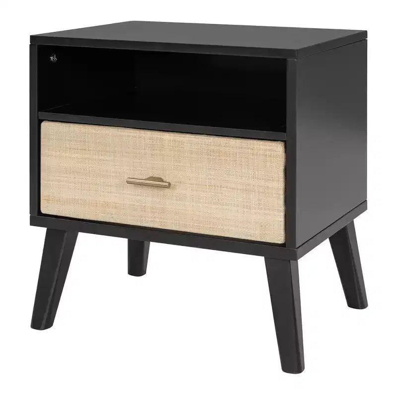 Letto matrimoniale con testiera in rattan, lampade integrate e 2 comodini, legno massiccio
