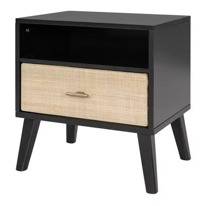 Letto matrimoniale con testiera in rattan, lampade integrate e 2 comodini, legno massiccio