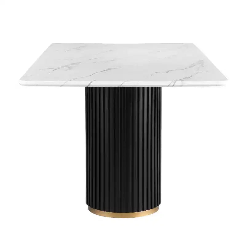 Tavolo da pranzo rettangolare in finto marmo da 180 cm, base in metallo scanalato nero, 6 posti, 150 kg