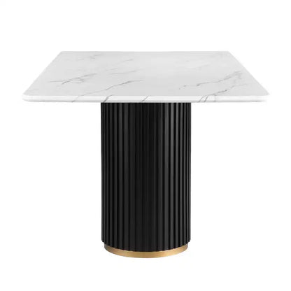 Tavolo da pranzo rettangolare in finto marmo da 180 cm, base in metallo scanalato nero, 6 posti, 150 kg