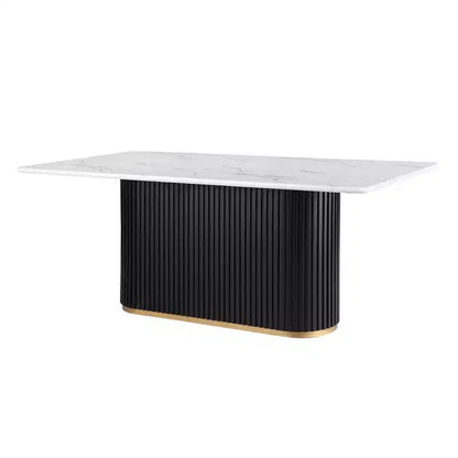 Tavolo da pranzo rettangolare in finto marmo da 180 cm, base in metallo scanalato nero, 6 posti, 150 kg