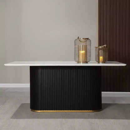 Tavolo da pranzo rettangolare in finto marmo da 180 cm, base in metallo scanalato nero, 6 posti, 150 kg
