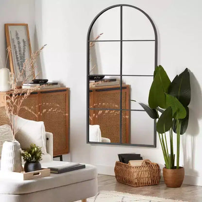 Specchio da parete ad arco da 55" con cornice in metallo, design a riquadri, arredamento rustico