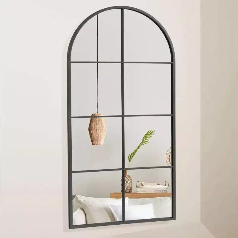 Specchio da parete ad arco da 55" con cornice in metallo, design a riquadri, arredamento rustico