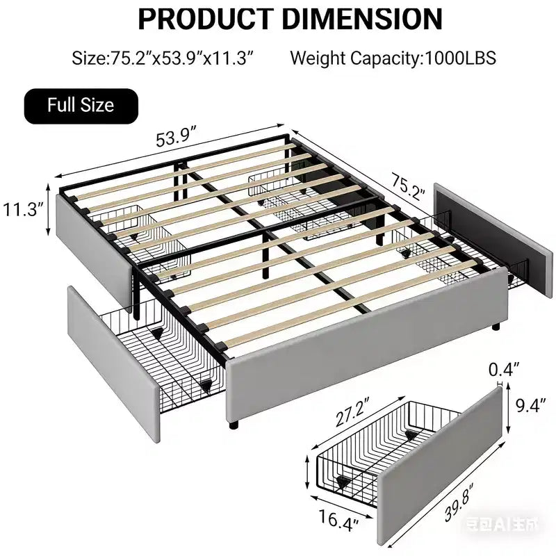 Struttura Letto Matrimoniale Piattaforma con 4 Cassetti Contenitore, Rivestita in Tessuto, 450 kg, Grigia