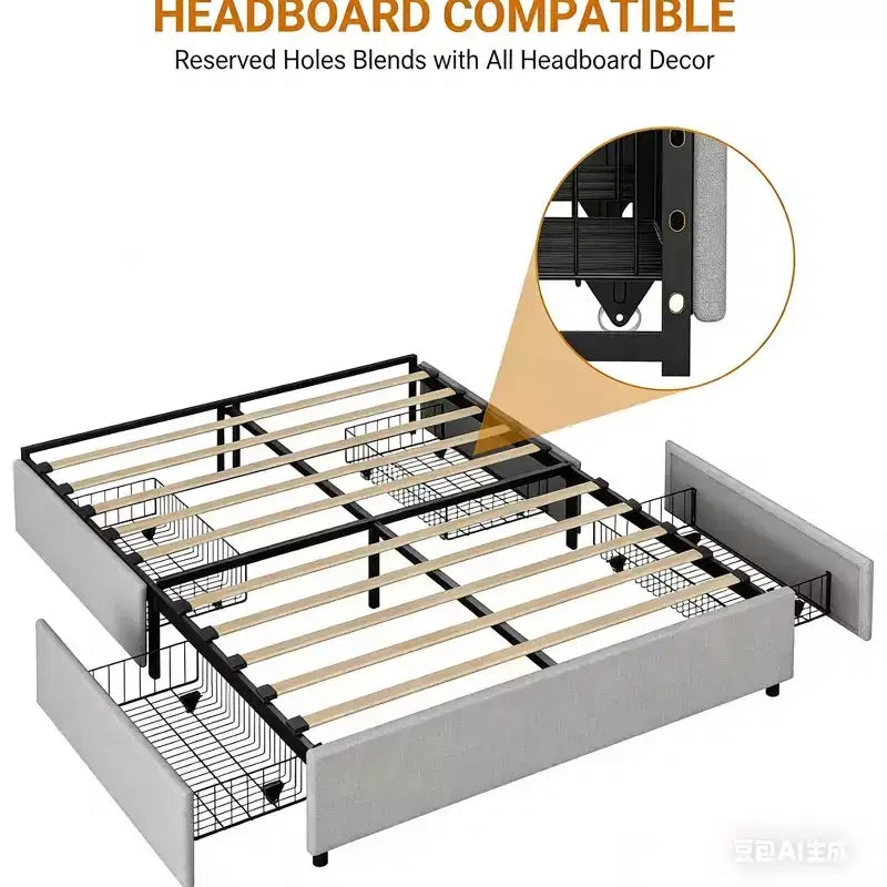 Struttura Letto Matrimoniale Piattaforma con 4 Cassetti Contenitore, Rivestita in Tessuto, 450 kg, Grigia