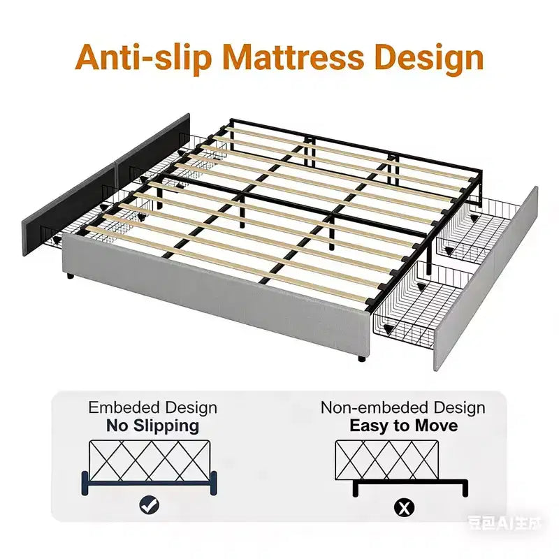 Struttura Letto Matrimoniale Piattaforma con 4 Cassetti Contenitore, Rivestita in Tessuto, 450 kg, Grigia