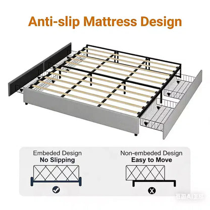 Struttura Letto Matrimoniale Piattaforma con 4 Cassetti Contenitore, Rivestita in Tessuto, 450 kg, Grigia
