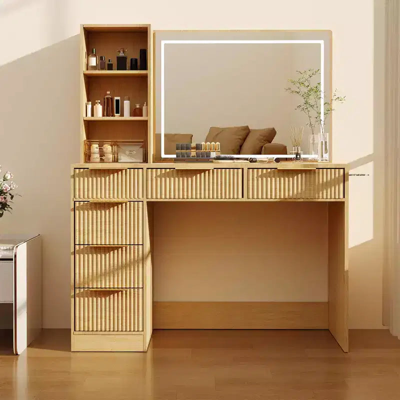 Scrivania da trucco scanalata con specchio illuminato, 6 cassetti e porta asciugacapelli, bianco moderno