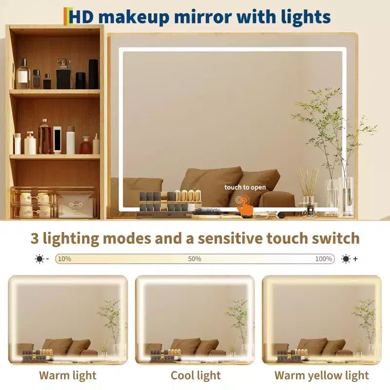 Scrivania da trucco scanalata con specchio illuminato, 6 cassetti e porta asciugacapelli, bianco moderno