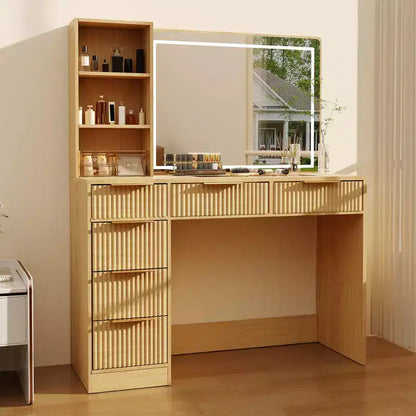 Scrivania da trucco scanalata con specchio illuminato, 6 cassetti e porta asciugacapelli, bianco moderno