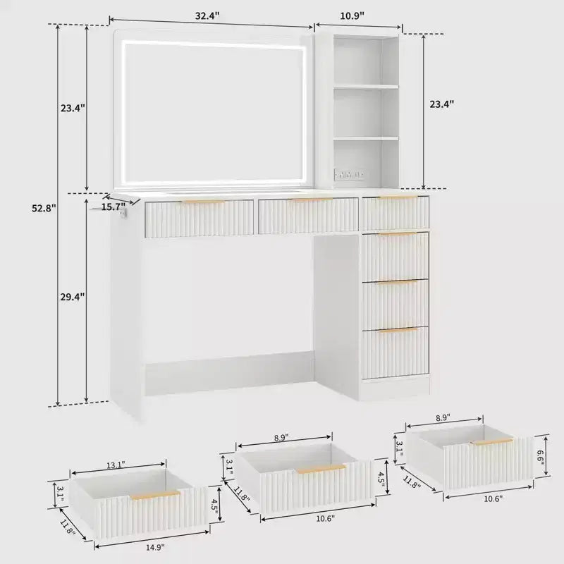 Scrivania da trucco scanalata con specchio illuminato, 6 cassetti e porta asciugacapelli, bianco moderno