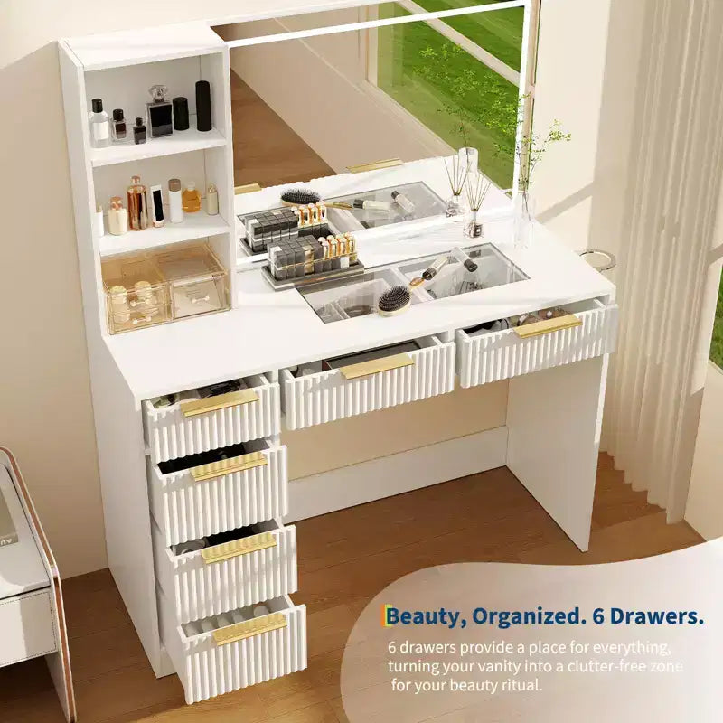 Scrivania da trucco scanalata con specchio illuminato, 6 cassetti e porta asciugacapelli, bianco moderno