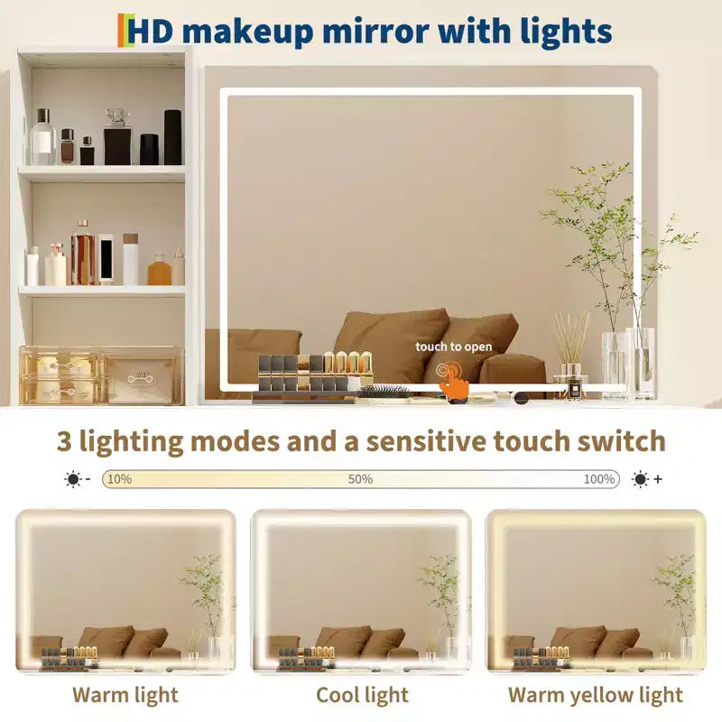 Scrivania da trucco scanalata con specchio illuminato, 6 cassetti e porta asciugacapelli, bianco moderno