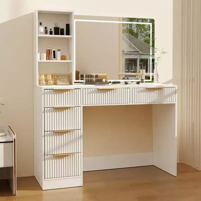 Scrivania da trucco scanalata con specchio illuminato, 6 cassetti e porta asciugacapelli, bianco moderno