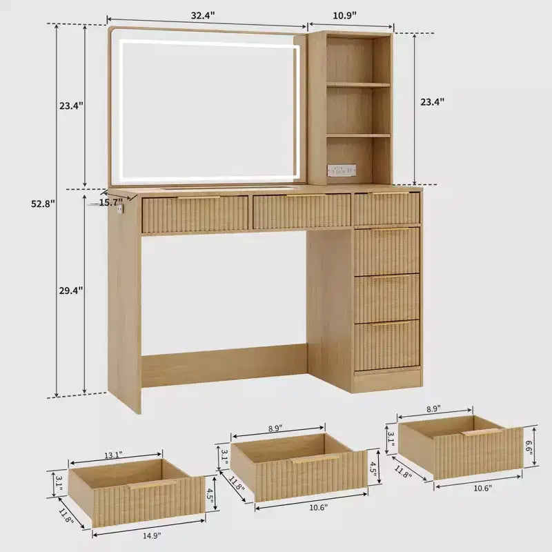 Scrivania da trucco scanalata con specchio illuminato, 6 cassetti e porta asciugacapelli, bianco moderno