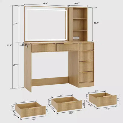 Scrivania da trucco scanalata con specchio illuminato, 6 cassetti e porta asciugacapelli, bianco moderno