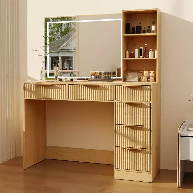 Scrivania da trucco scanalata con specchio illuminato, 6 cassetti e porta asciugacapelli, bianco moderno