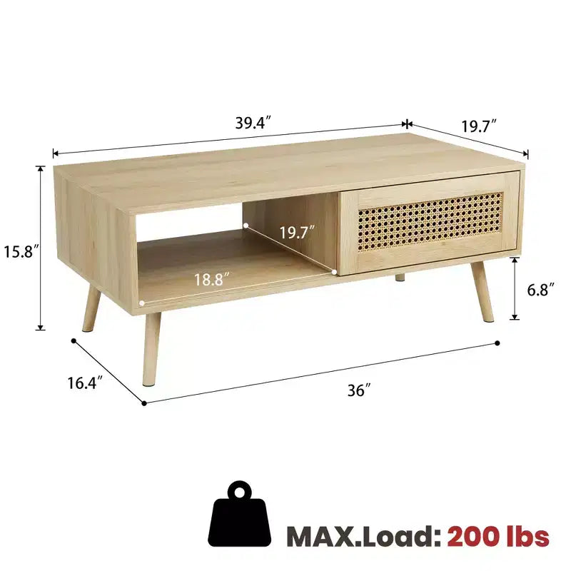 Tavolino da caffè in Rattan da 100 cm con Ante Scorrevoli, Tavolino da Cocktail in Legno