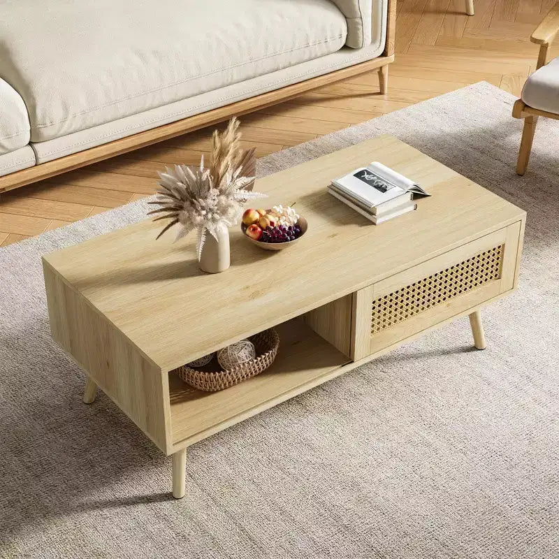 Tavolino da caffè in Rattan da 100 cm con Ante Scorrevoli, Tavolino da Cocktail in Legno