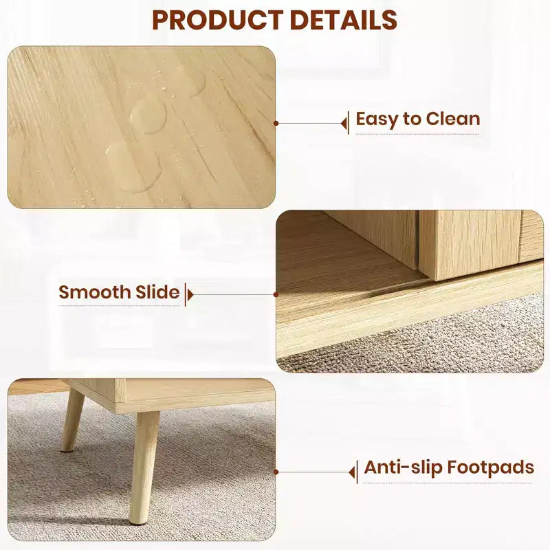 Tavolino da caffè in Rattan da 100 cm con Ante Scorrevoli, Tavolino da Cocktail in Legno