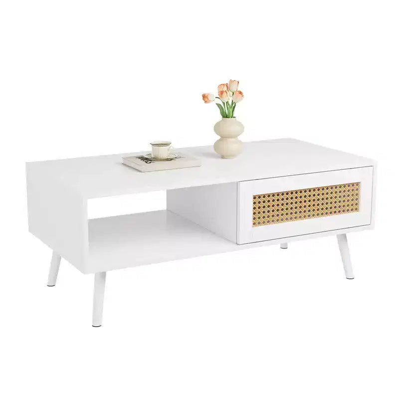Tavolino da caffè in Rattan da 100 cm con Ante Scorrevoli, Tavolino da Cocktail in Legno